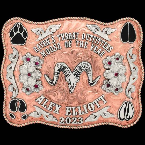 The Tucson Custom Belt Buckle reflects The Spirit of the Wild West featuring german silver scrolls, copper edge and base. Customize this hunting buckle with your own logo now!